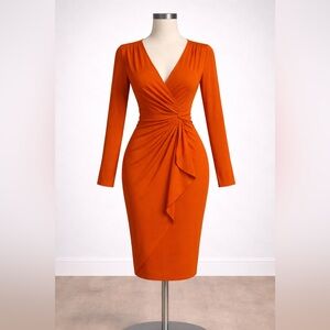 VENUS Burnt Orange Midi Dress with Ruffle Detail Size S